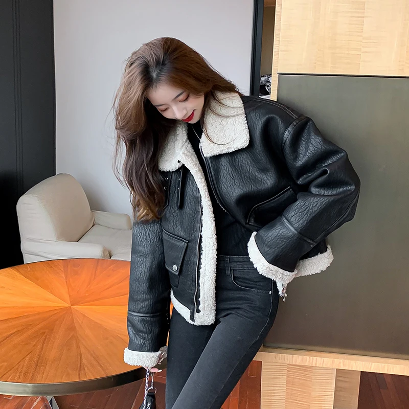 

2020 Autumn And Winter Lamb Fur Motorcycle Jacket Women'S Thick Short Leather Jacket
